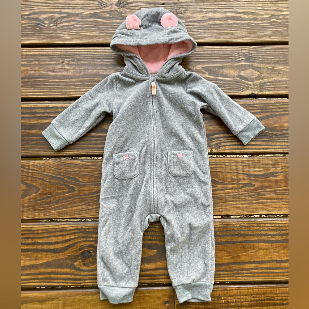 Carters one piece hooded pajama bunting grey 6 months baby girl mouse